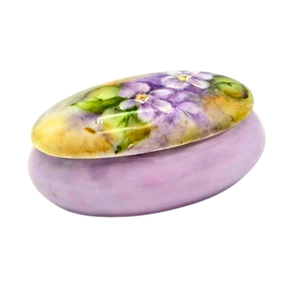 Vintage Oval Porcelain Trinket Box Lavender Purple Floral Jewelry Dish Signed